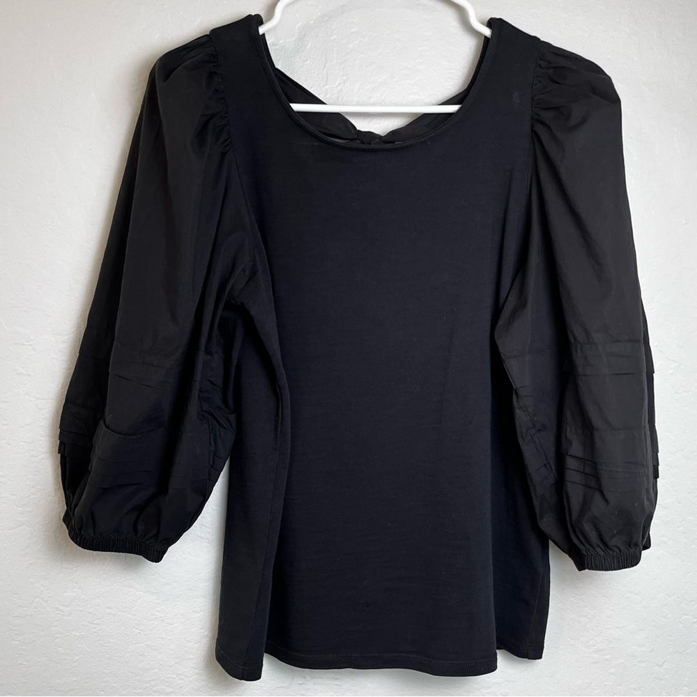 Nation LTD Black Cotton Top Open Back with Bow Puff Sleeve Medium Luxury - Picture 8 of 12